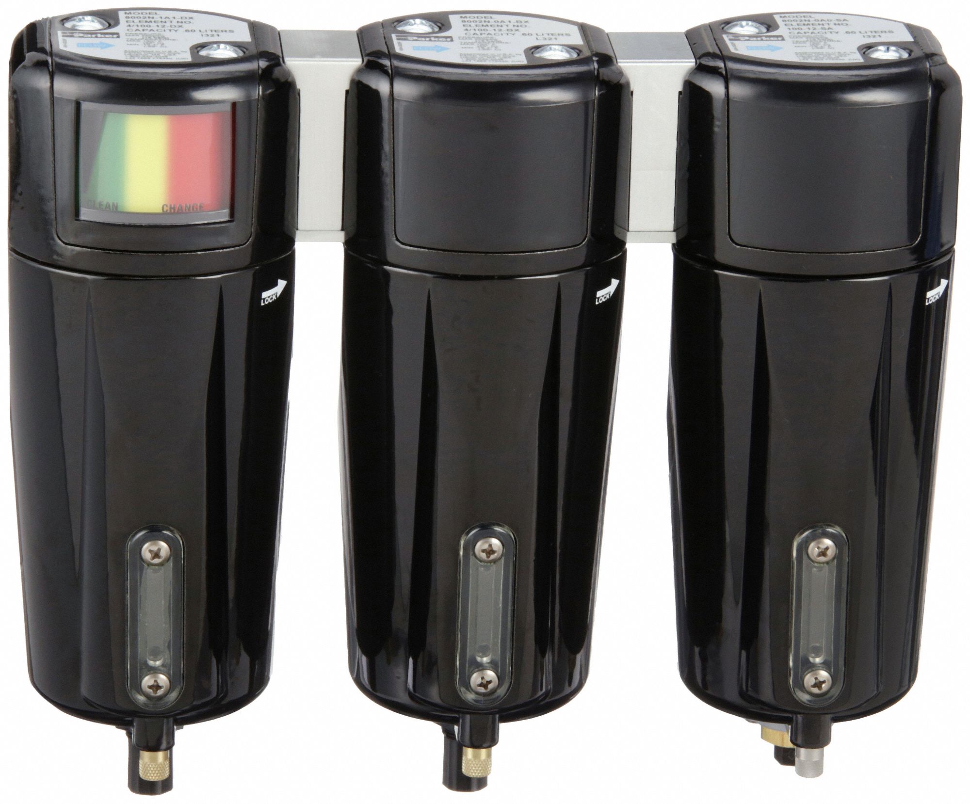 3-Stage Sterile Air Filter Assembly: Coalescing, 1/4 in NPT, 0.01 micron, 36 cfm, 130°F Max Op Temp