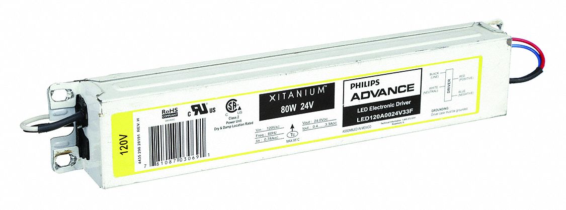 LED Driver: Class 2, 80 W Max. Power Output, 120V AC, 24V DC, 0.80 to 3.30 A, No Dimming