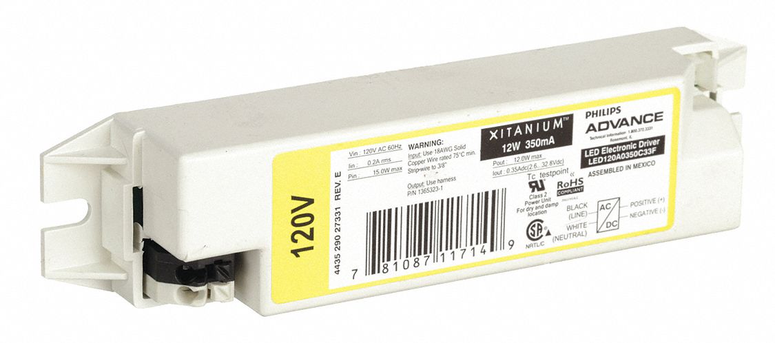 LED Driver: Class 2, 12 W Max. Power Output, 120V AC, 2.8 to 32.6V DC, 0.35 A, No Dimming
