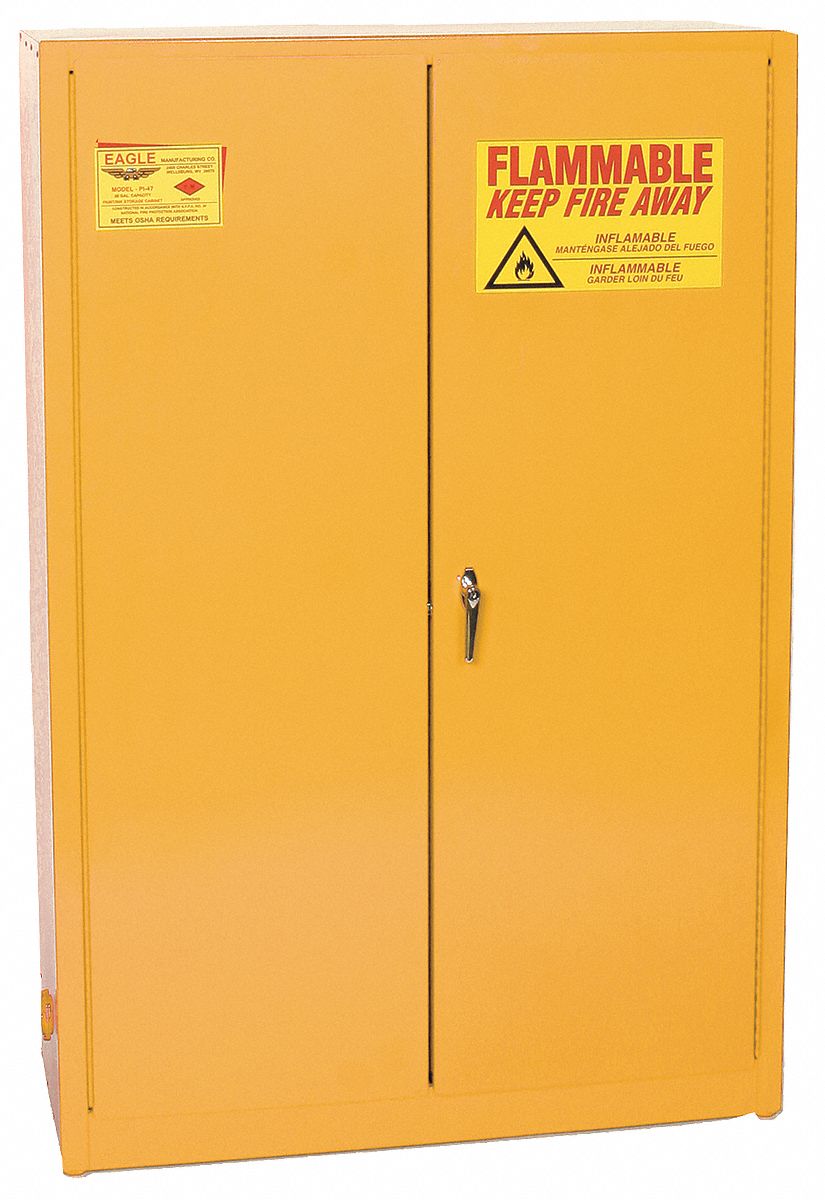 Hazardous Material Storage Cabinet: Std, 60 gal, 43 in x 18 in x 65 in, Yellow, Self-Closing