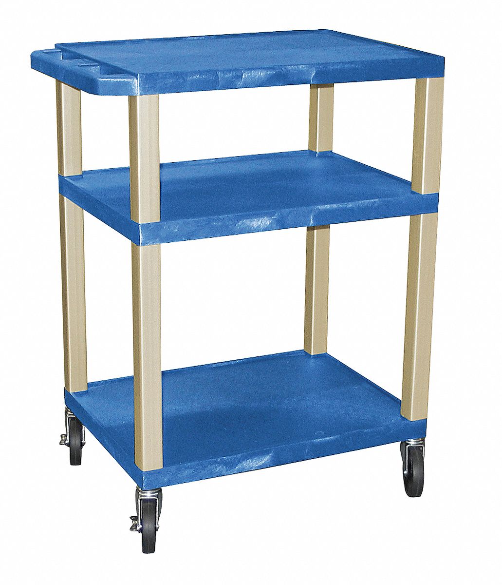 Utility Cart with Lipped Plastic Shelves: 300 lb Load Capacity, 24 in x 18 in, Blue