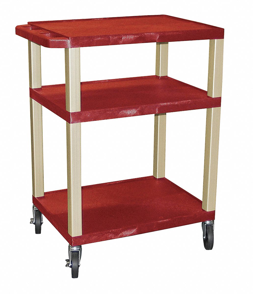 Utility Cart with Lipped Plastic Shelves: 300 lb Load Capacity, 24 in x 18 in, Red
