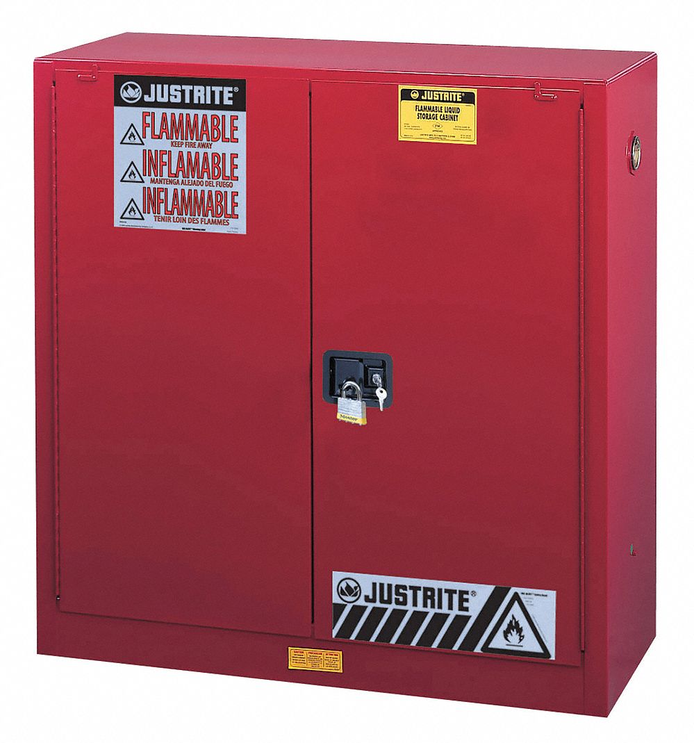 Hazardous Material Storage Cabinet: Std, 30 gal, 43 in x 18 in x 44 in, Red, Manual Close