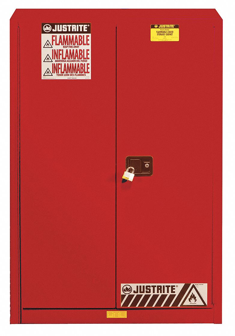 Hazardous Material Storage Cabinet: Std, 45 gal, 43 in x 18 in x 65 in, Red, Self-Closing