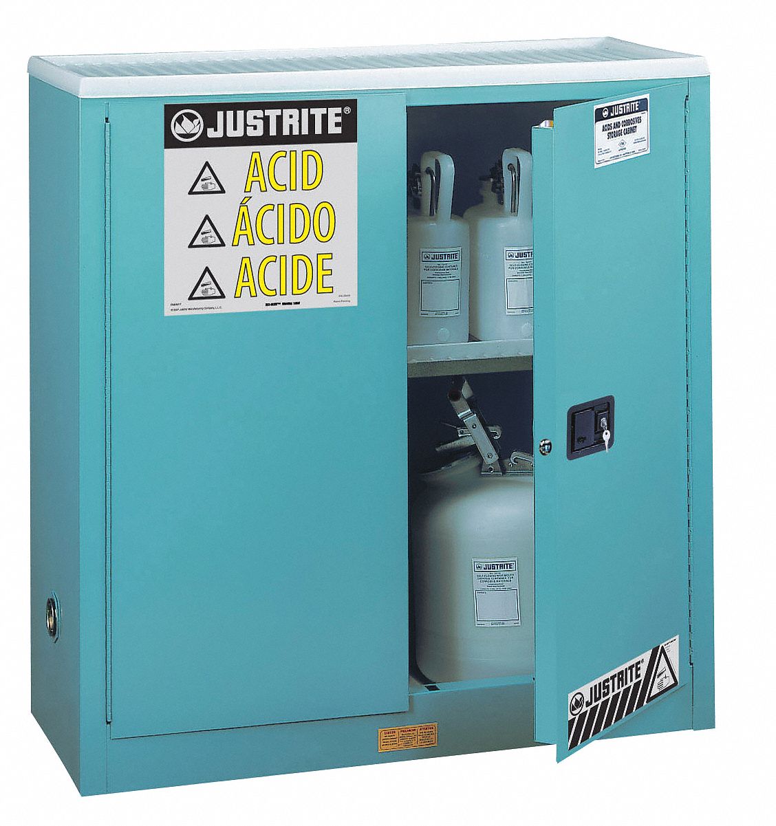 CORROSIVES SAFETY CABINET, STANDARD, 30 GAL, 43X18X44 IN, BLUE, MANUAL CLOSE, STEEL, 1 SHELF