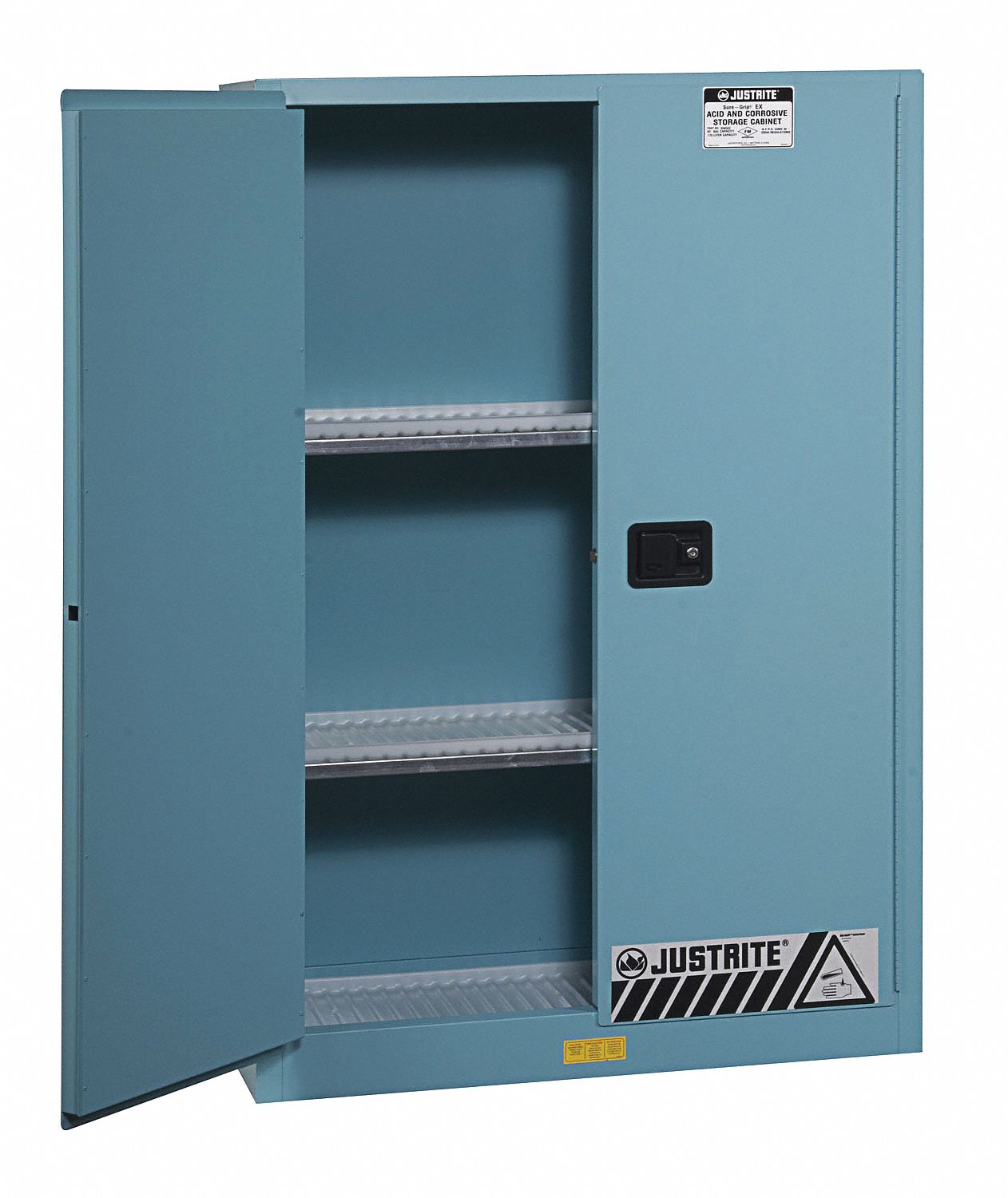 CORROSIVES SAFETY CABINET, STANDARD, 45 GAL, 43X18X65 IN, BLUE, MANUAL CLOSE, STEEL, 2 SHELVES