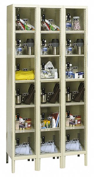 Box Locker: 36 in x 12 in x 78 in, 6 Tiers, 3 Units Wide, Clearview, Padlock Hasp, Tan