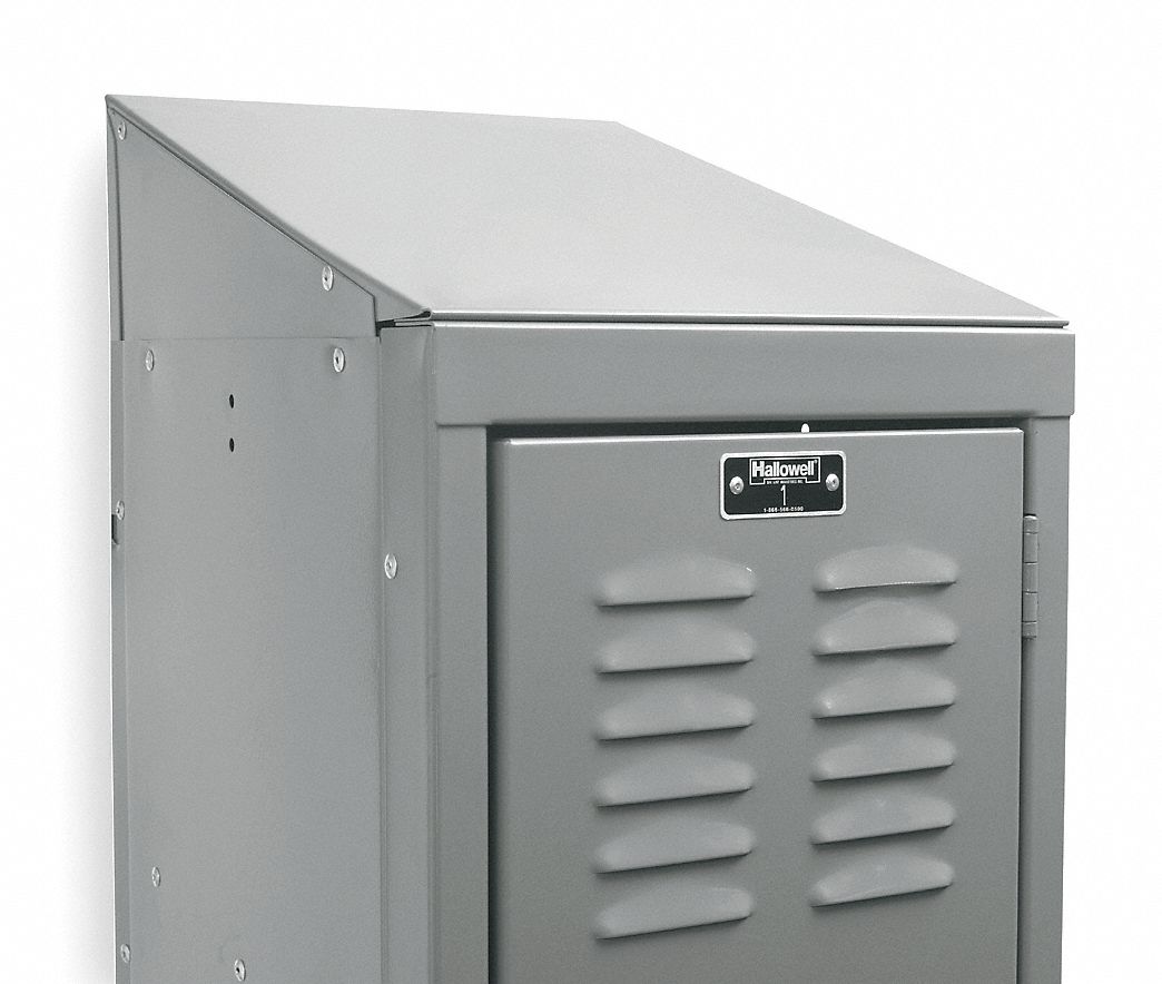 Sloping Top: 15 in x 18 in x 6 in, For 15 in Locker Wd, For 18 in Locker Dp, Powder Coated