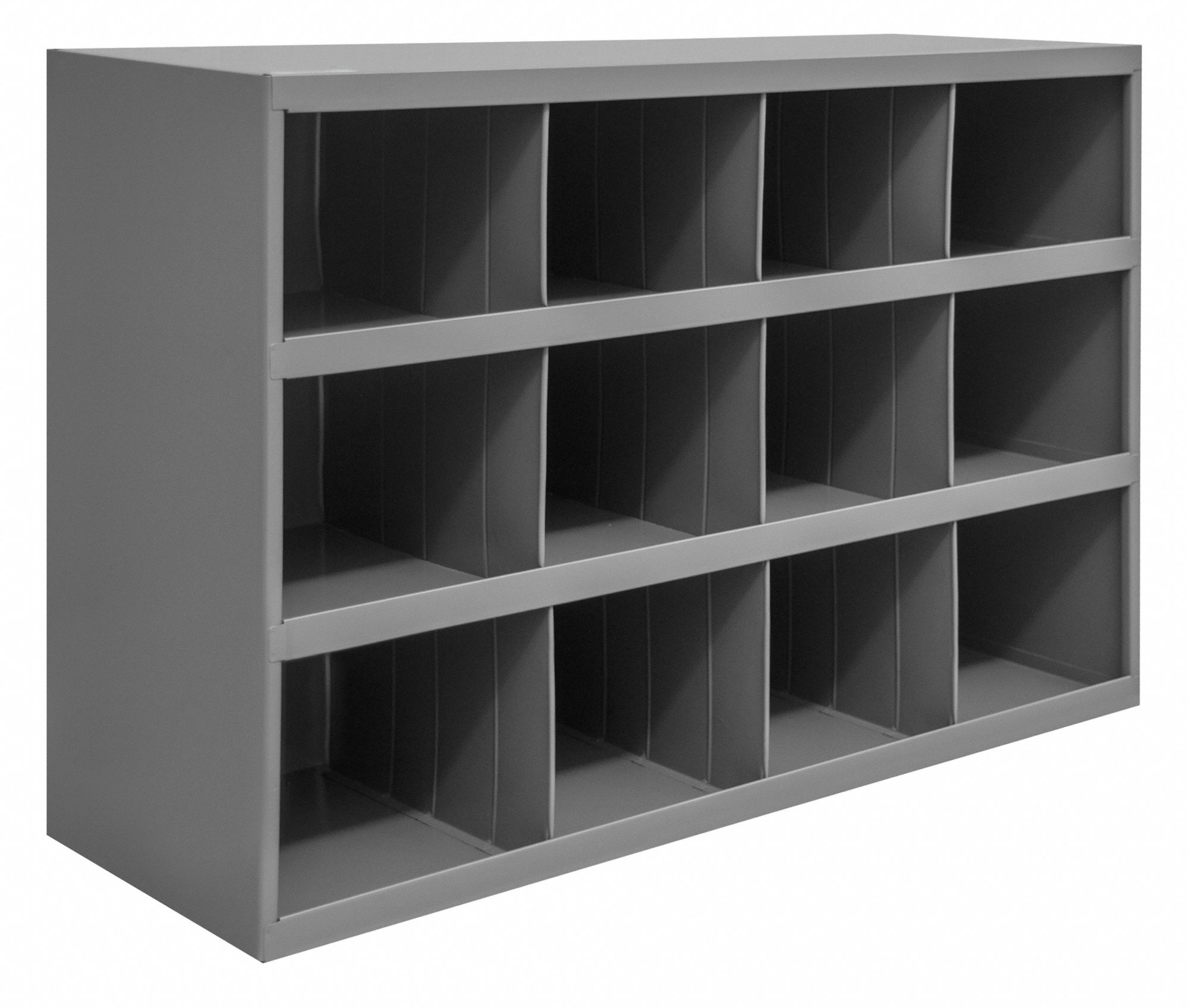 PIGEONHOLE BIN UNIT, 34 IN X 12 IN X 24 IN, 12 COMPARTMENTS, GREY, STEEL, POWDER COATED
