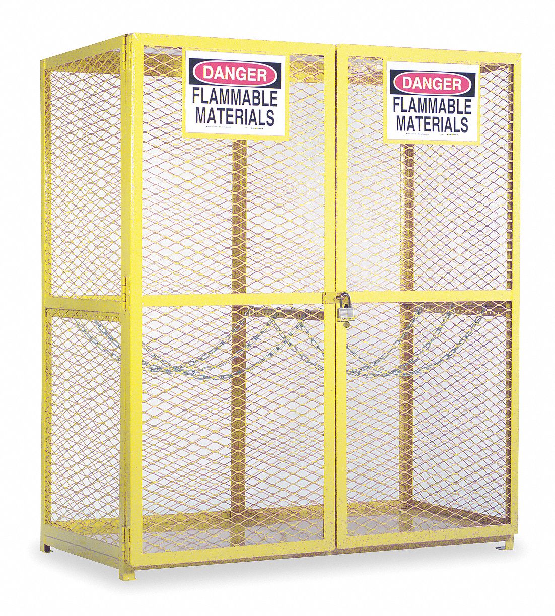 GAS CYLINDER CABINET, 18 VERTICAL CYLINDERS, 60X30 3/16X71⅞ IN, IRON, YELLOW, HASP LOCK