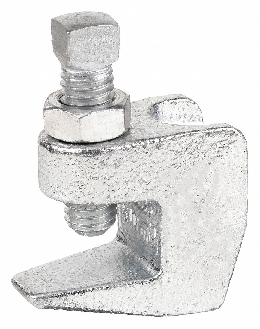 BEAM CLAMP: GALVANIZED DUCTILE IRON, 500 LB CAPACITY, FOR ½ IN THREADED ROD, ¾ IN THROAT DP