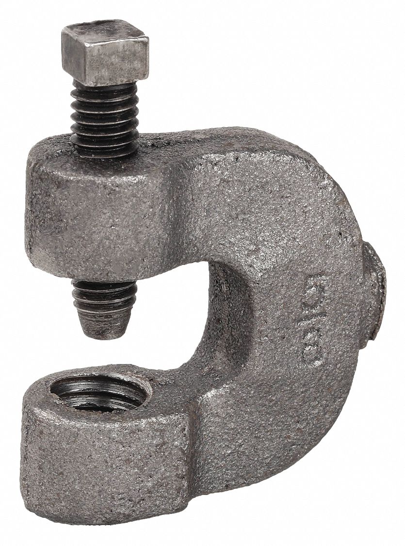 BEAM CLAMP: MALLEABLE IRON, 400 LB LOAD CAPACITY, FOR ⅜ IN THREADED ROD, ¾ IN THROAT DP
