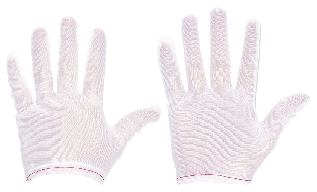 INSPECTION GLOVES, WOMEN'S L (9), FINISHED HEM, CUT/SEWN, POLYESTER, WHT, 12 PK