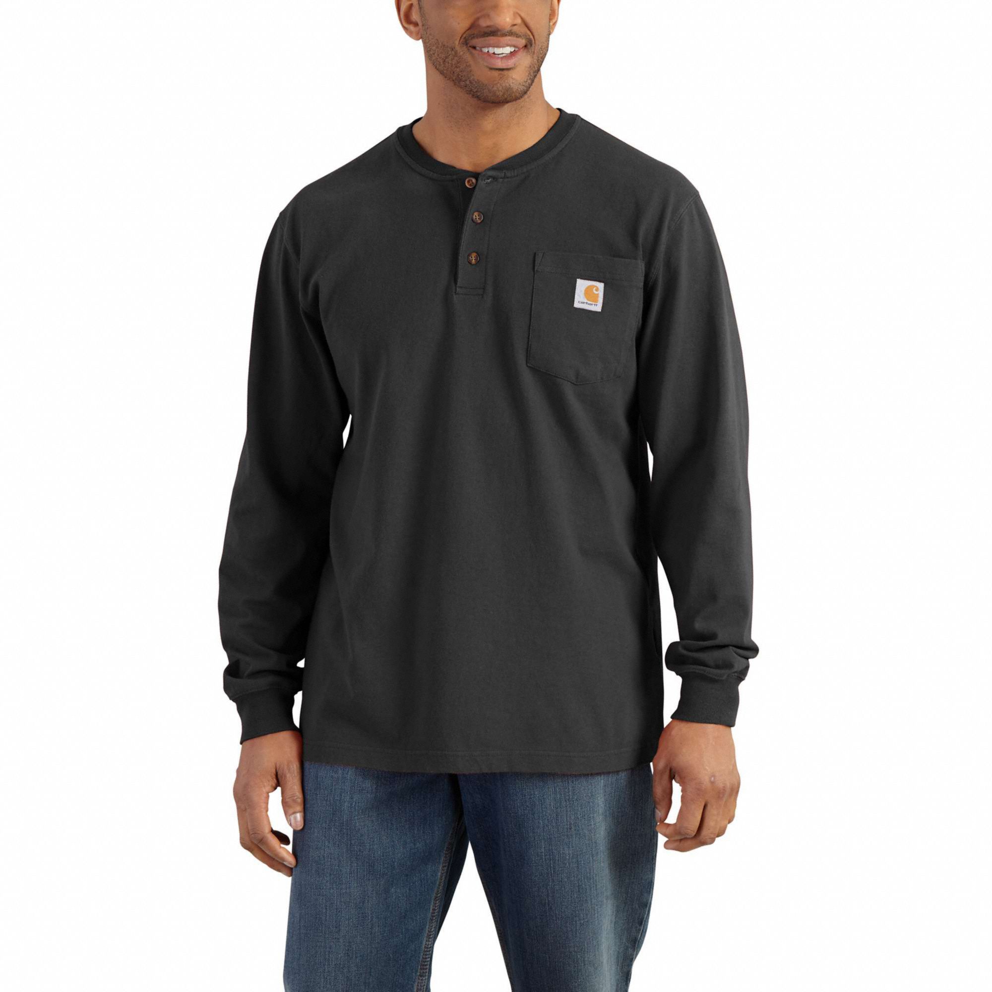 CARHARTT Long Sleeve Henley: Men's, XL, Black, Regular, T-Shirt Shirt ...