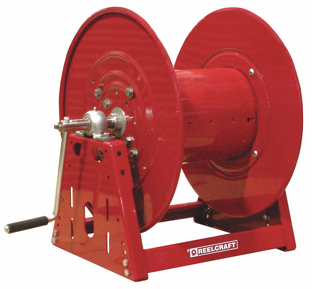 HAND CRANK HOSE REEL: 105 FT (1 IN I.D.), 19 IN L X 34 IN W X 21 IN H, TFE/P, RED