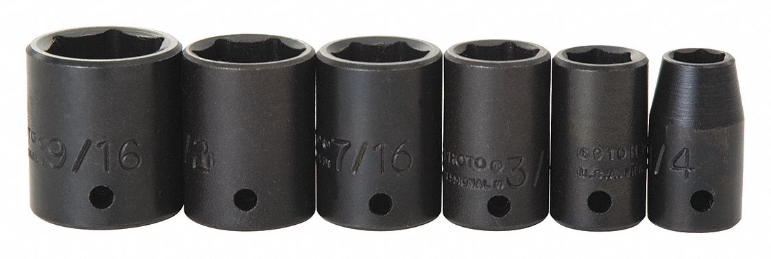 Impact Socket Set: 1/4 in Drive Size, 1/2 in/1/4 in/3/8 in/5/16 in/7/16 in/9/16 in Socket Size