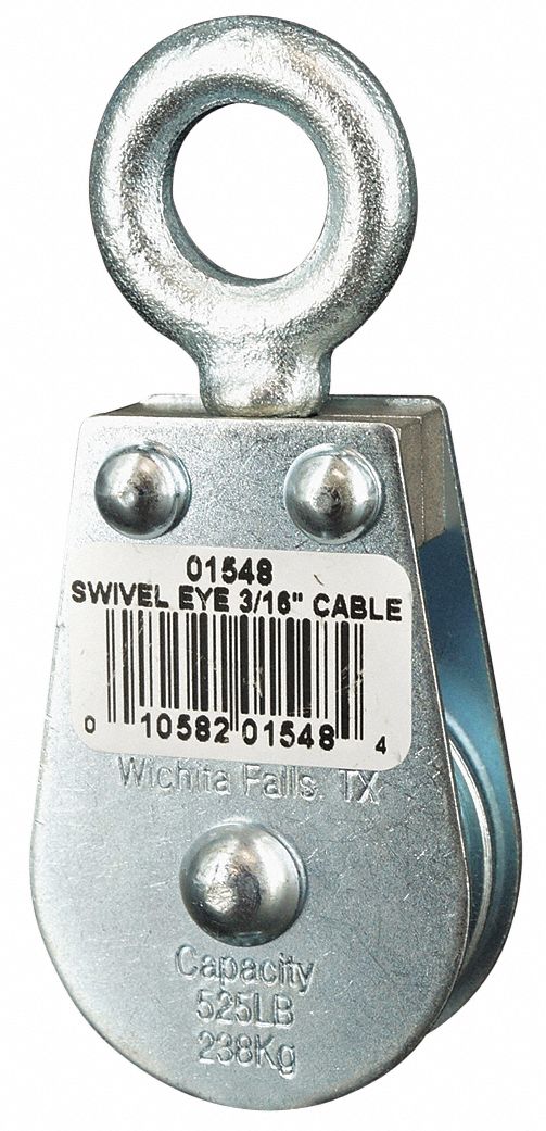 PULLEY BLOCK, SWIVEL, UPRIGHT MOUNT, PULLING, 525 LB WORKING LOAD LIMIT, WIRE ROPE