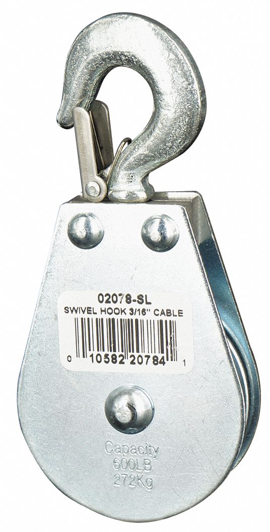 PULLEY BLOCK, SWIVEL, UPRIGHT MOUNT, PULLING, 600 LB WORKING LOAD LIMIT, WIRE ROPE