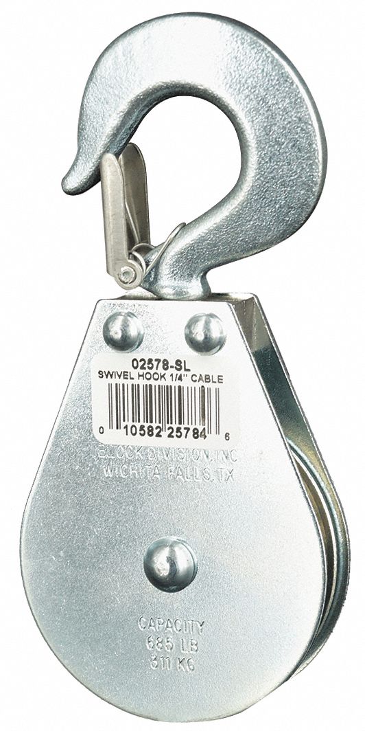 PULLEY BLOCK, SWIVEL, UPRIGHT MOUNT, PULLING, 685 LB WORKING LOAD LIMIT, WIRE ROPE