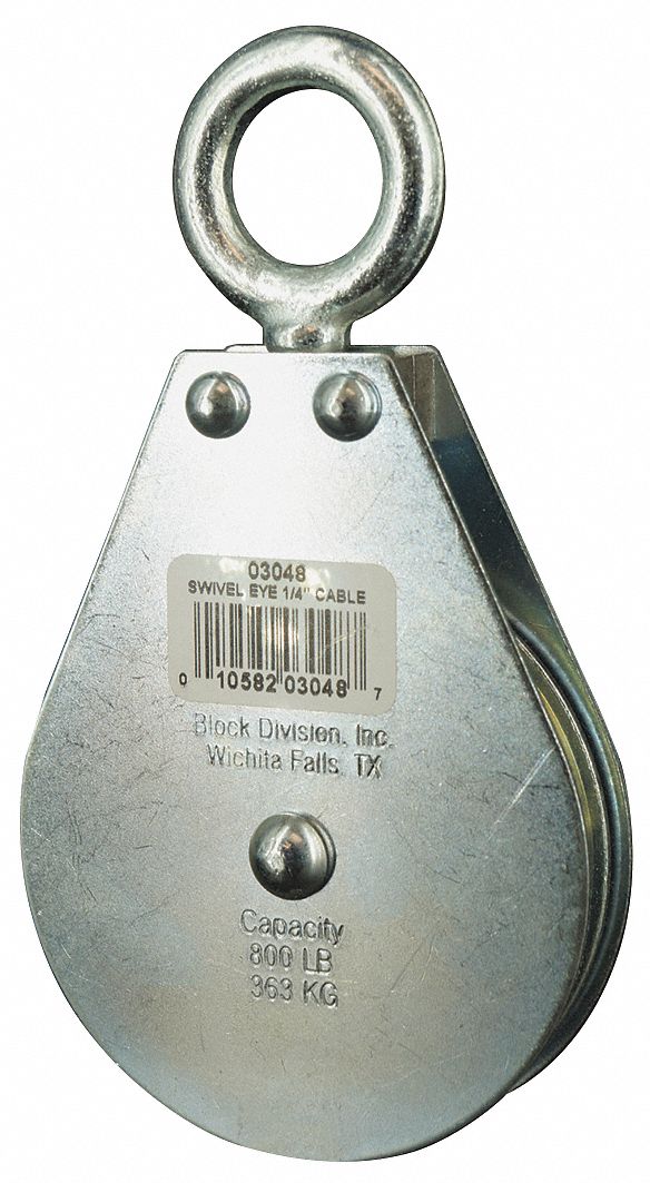 PULLEY BLOCK, SWIVEL, UPRIGHT MOUNT, PULLING, 800 LB WORKING LOAD LIMIT, WIRE ROPE