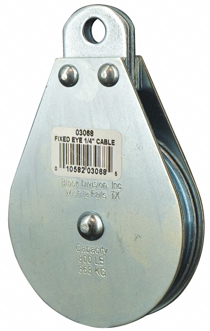 PULLEY BLOCK, FIXED, UPRIGHT MOUNT, PULLING, 800 LB WORKING LOAD LIMIT, WIRE ROPE