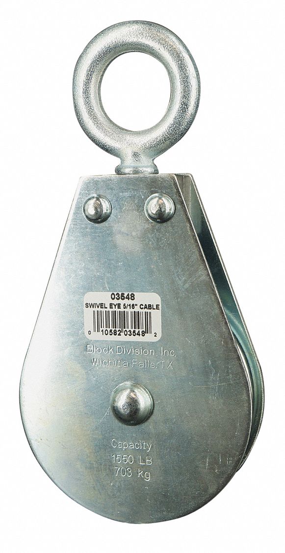 PULLEY BLOCK, SWIVEL, UPRIGHT MOUNT, PULLING, 1,550 LB WORKING LOAD LIMIT, WIRE ROPE