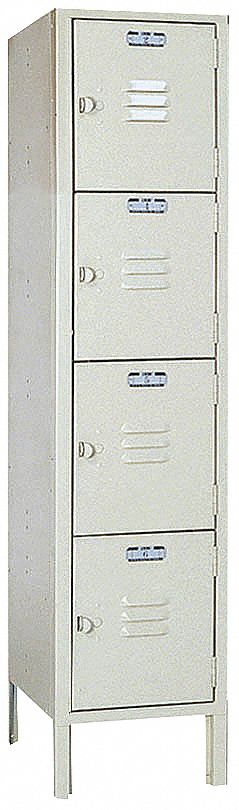 Box Locker: 12 in x 12 in x 54 in, 4 Tiers, 1 Units Wide, Louvered, Padlock Hasp, Tan, Tan