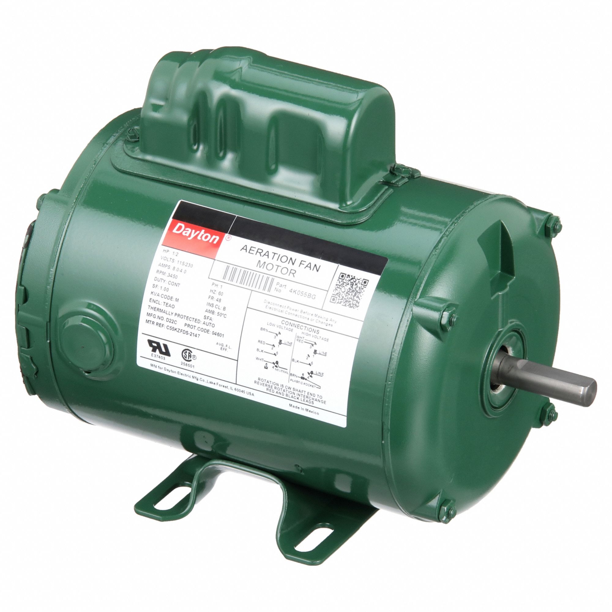 Aeration Fan Motor: Single Phase, Rigid Base, Capacitor-Start, 1/2 hp, 3, 450 RPM, 115/230V AC