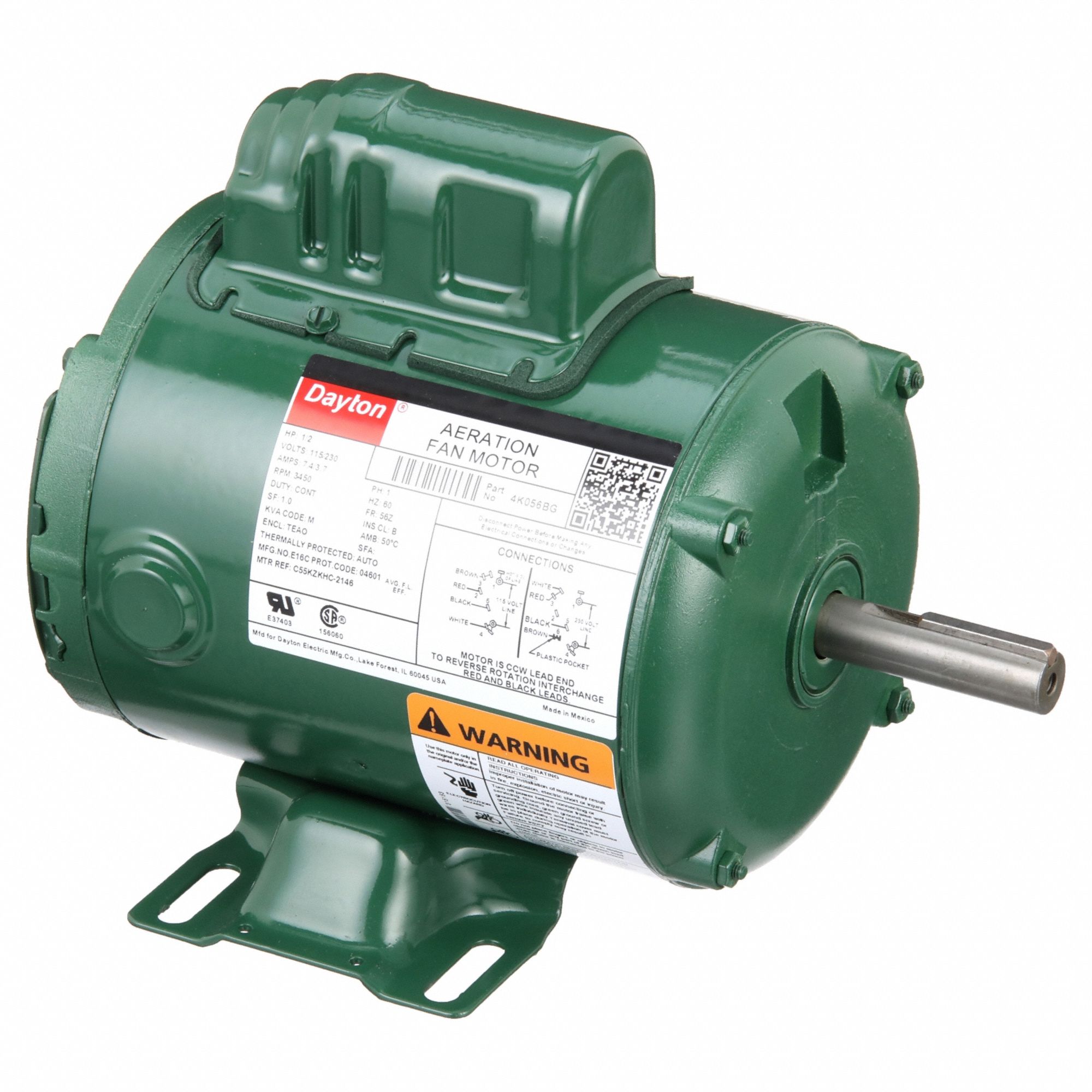 Aeration Fan Motor: Single Phase, Rigid Base, Capacitor-Start, 1/2 hp, 3, 450 RPM, 115/230V AC