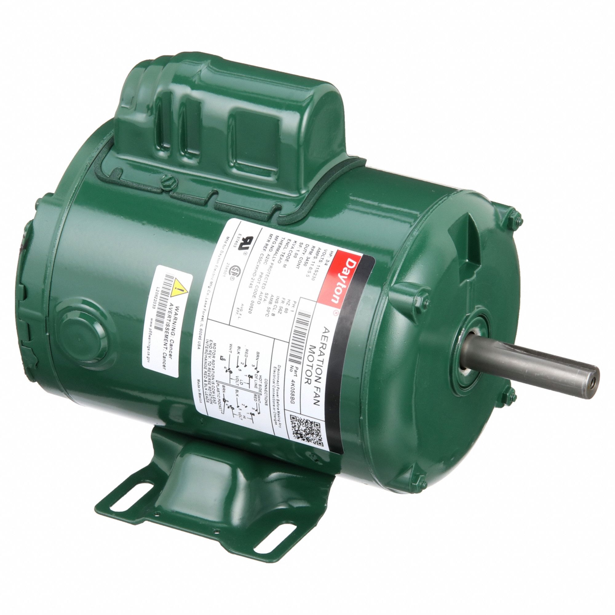 Aeration Fan Motor: Single Phase, Rigid Base, Capacitor-Start, 3/4 hp, 3, 450 RPM, 115/230V AC