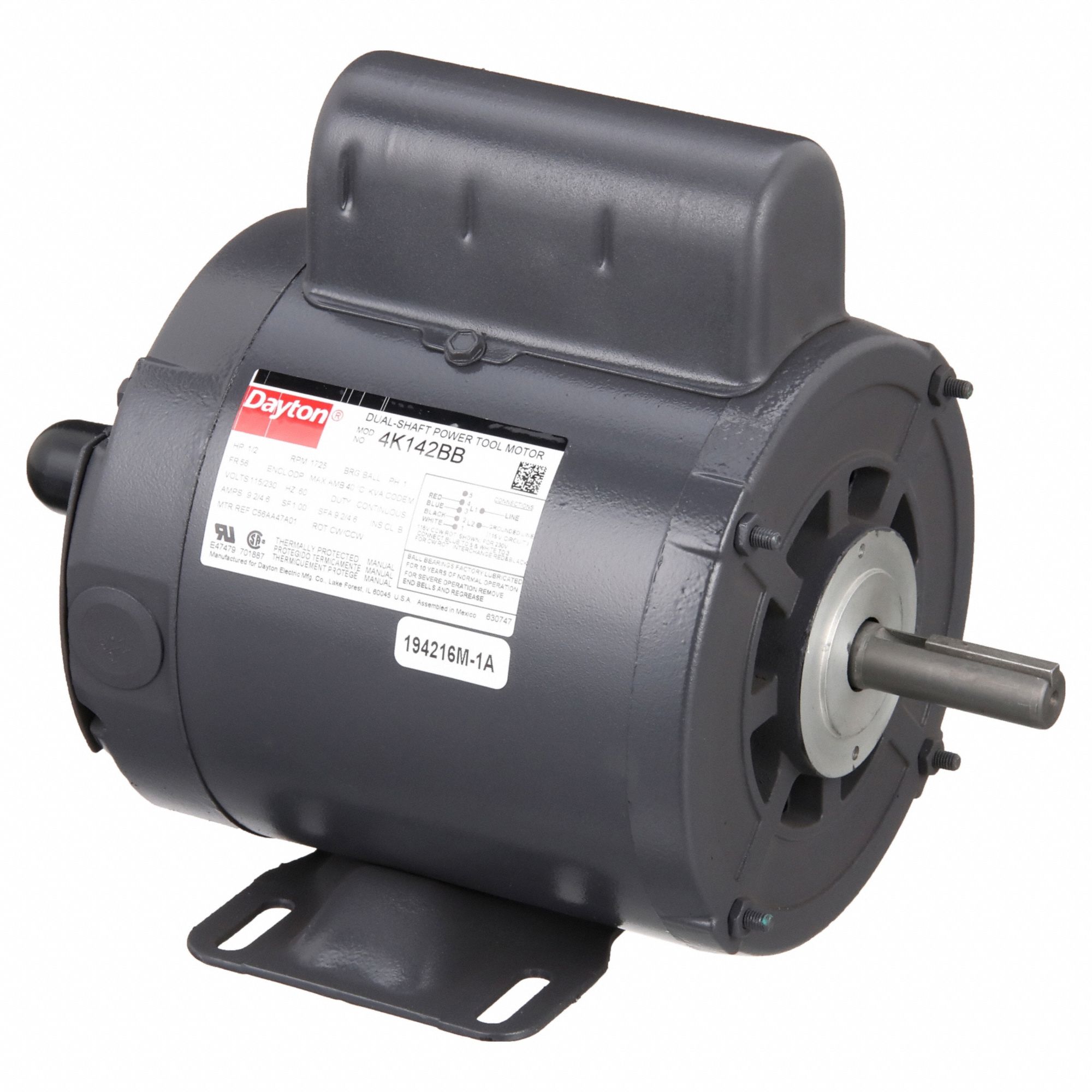 Power Tool Motor: Capacitor-Start, 1/2 hp Horsepower, 1, 725 RPM RPM, 115/230V AC, CW/CCW, ODP