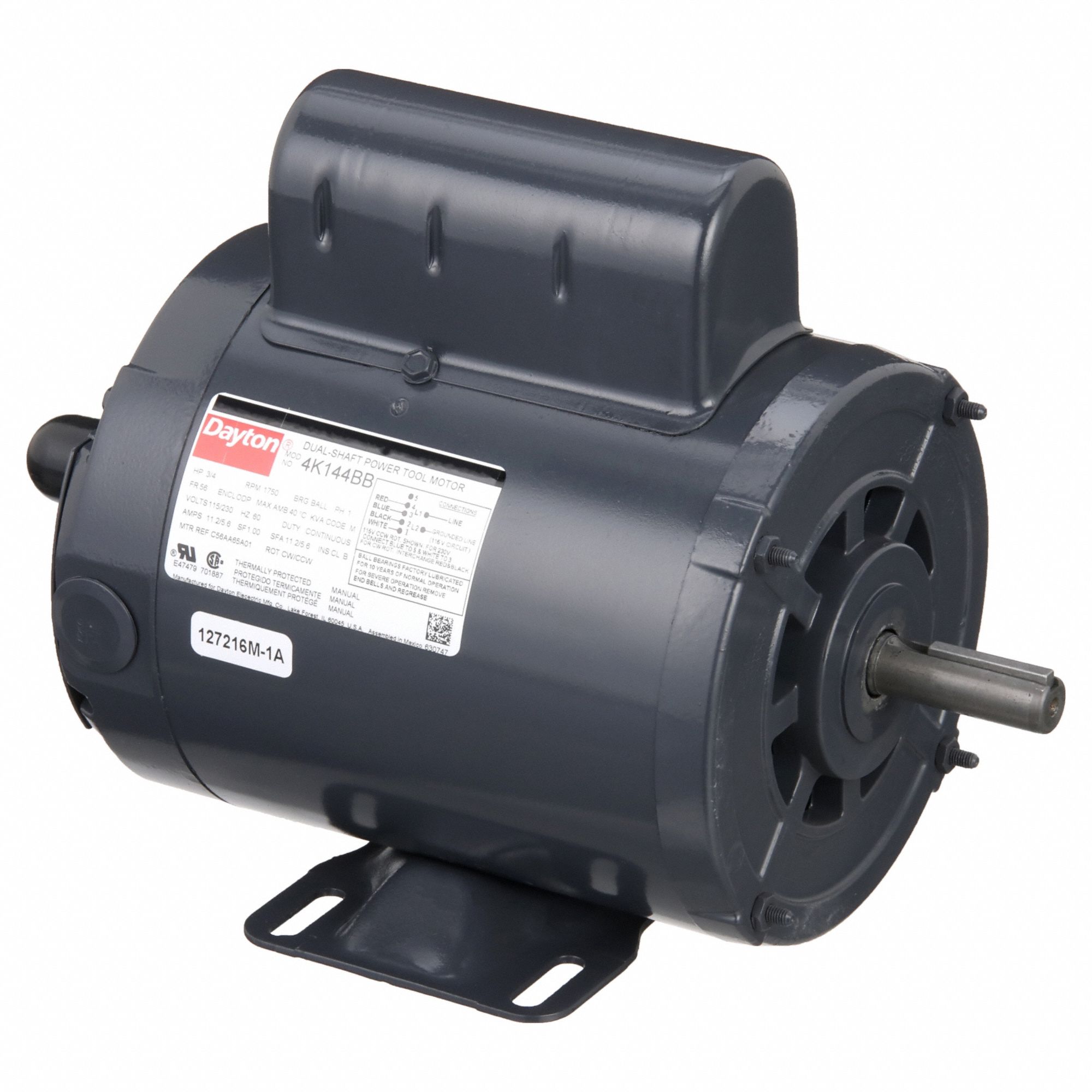 Power Tool Motor: Capacitor-Start, 3/4 hp Horsepower, 1, 750 RPM RPM, 115/230V AC, CW/CCW, ODP