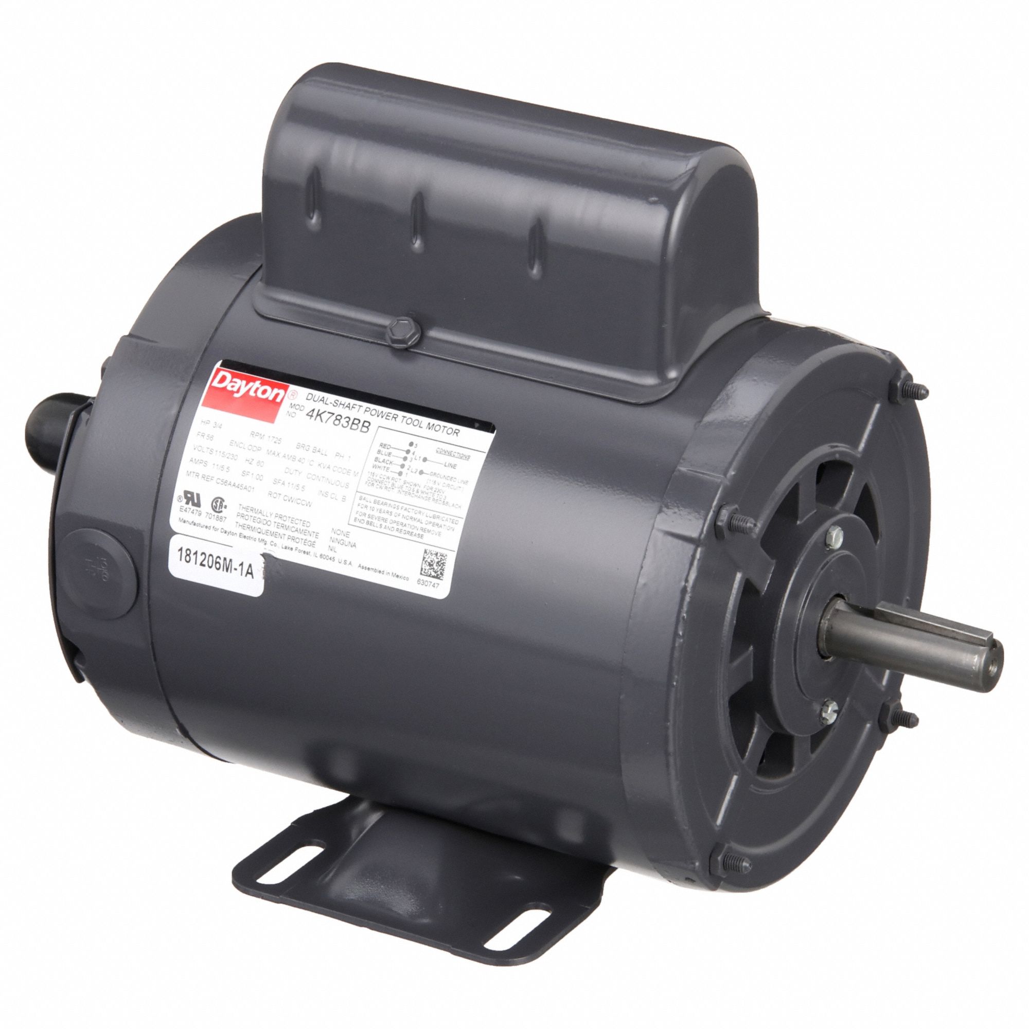 POWER TOOL MOTOR, CAPACITOR-START, 3/4 HP, 1,750 NAMEPLATE RPM, 115/230 V AC, 56 FRAME, CW/CCW