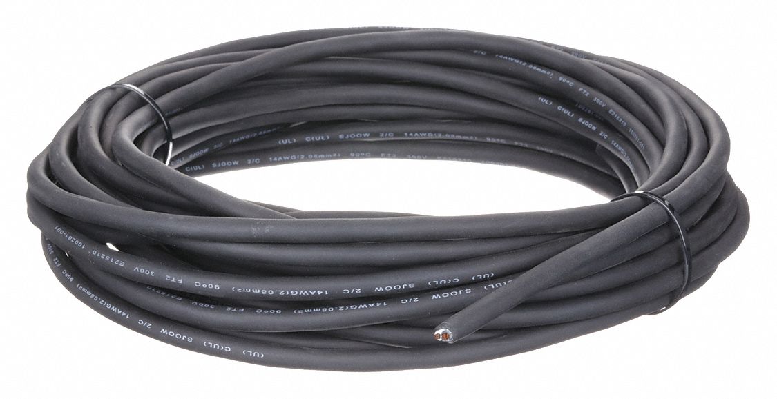 PORTABLE CORD, 2 CONDUCTORS, 14 AWG WIRE SIZE, RUBBER, BLACK, 50 FT L, 300 VOLT