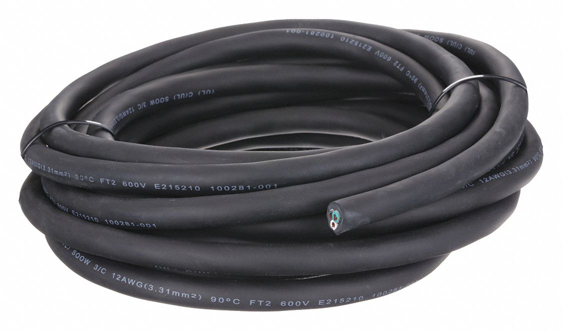 PORTABLE CORD, 3 CONDUCTORS, 12 AWG WIRE SIZE, RUBBER, BLACK, 25 FT L, 600 VOLT