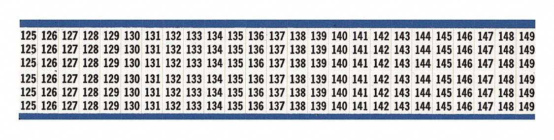 Wire Marker: 125 to 149, Black on White, 625 Labels, Vinyl Cloth, -40°F to 176°F, 25 PK