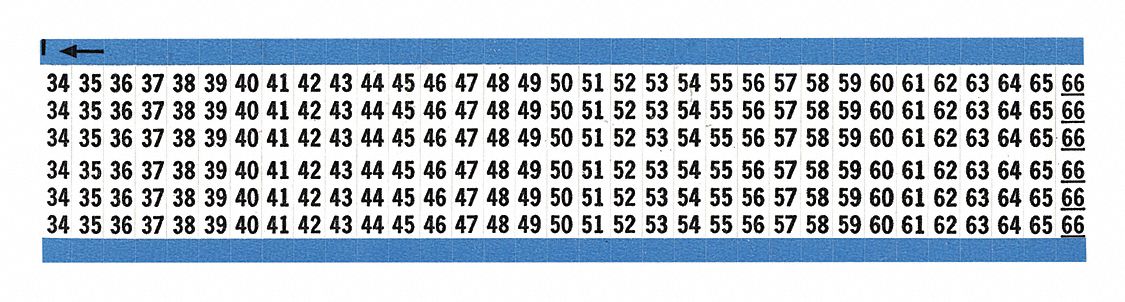 Wire Marker: 34 to 66, Black on White, 825 Labels, Vinyl Cloth, -40°F to 176°F, 25 PK