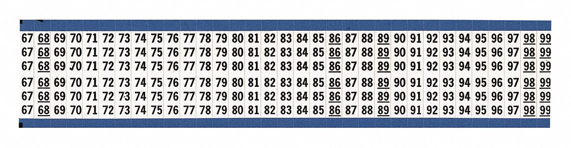 Wire Marker: 67 to 99, Black on White, 825 Labels, Vinyl Cloth, -40°F to 176°F, 25 PK