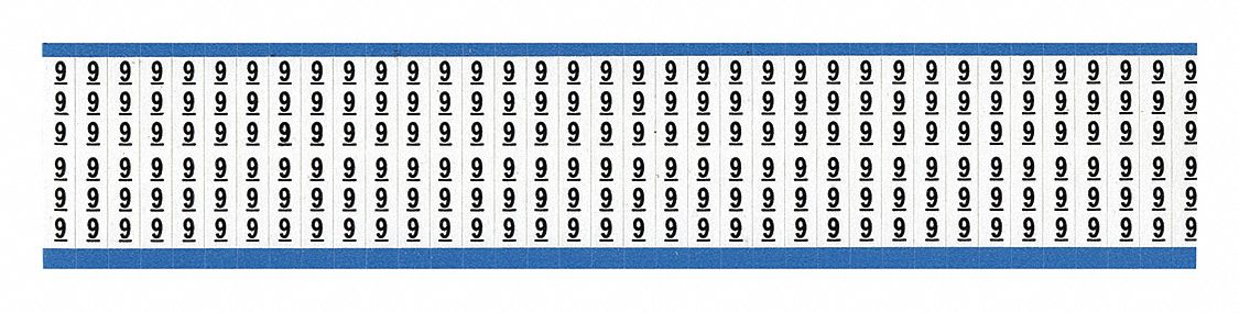 Wire Marker: 9, Black on White, 900 Labels, Vinyl Cloth, -40°F to 176°F, 25 PK