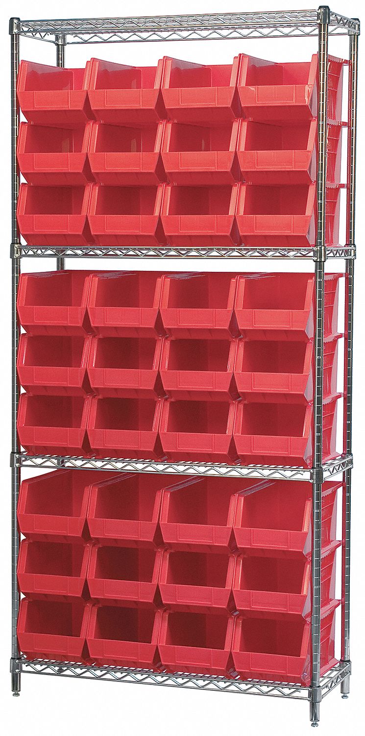 Bin Shelving: 36 in x 14 in x 74 in, 36 Bins, 4 Shelves, Open, Hang and Stack Bin, Red