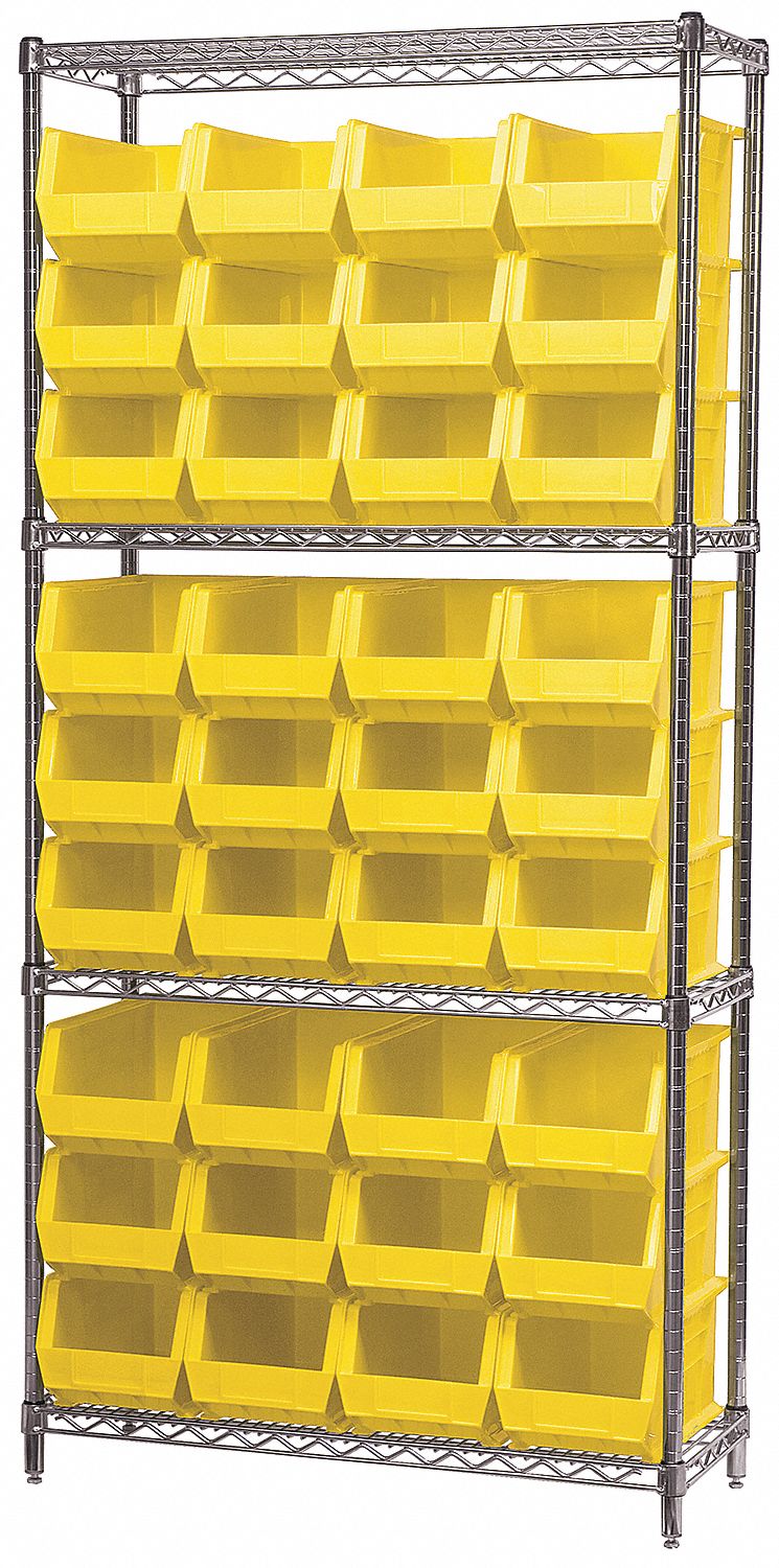 Bin Shelving: 36 in x 14 in x 74 in, 36 Bins, 4 Shelves, Open, Hang and Stack Bin, Yellow