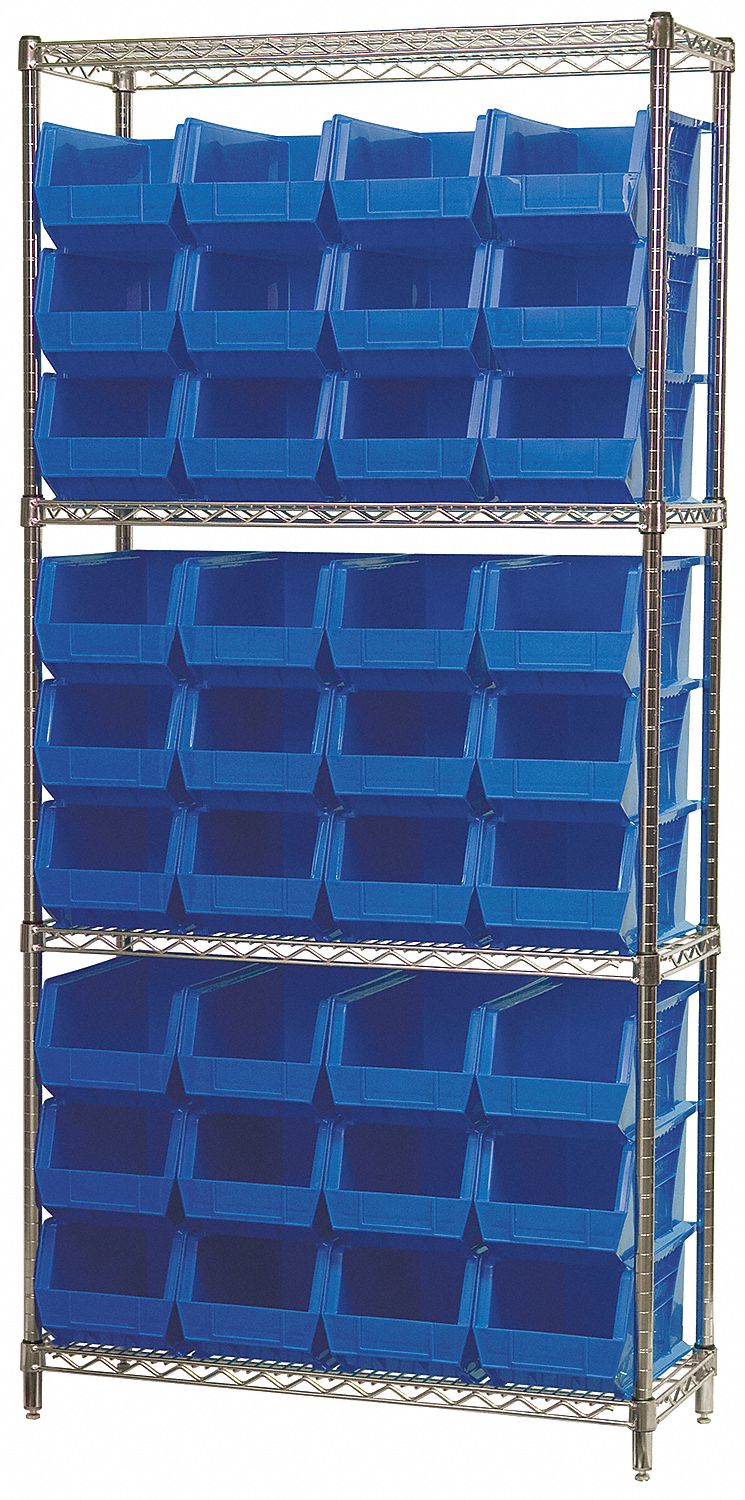 Bin Shelving: 36 in x 14 in x 74 in, 36 Bins, 4 Shelves, Open, Hang and Stack Bin, Blue