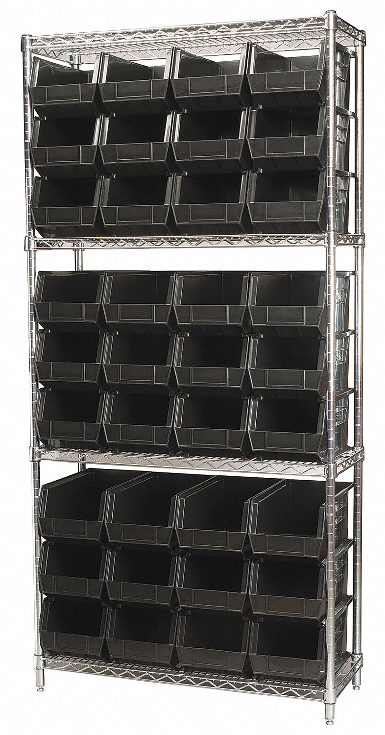 Bin Shelving: 36 in x 14 in x 74 in, 36 Bins, 4 Shelves, Open, Hang and Stack Bin, Black