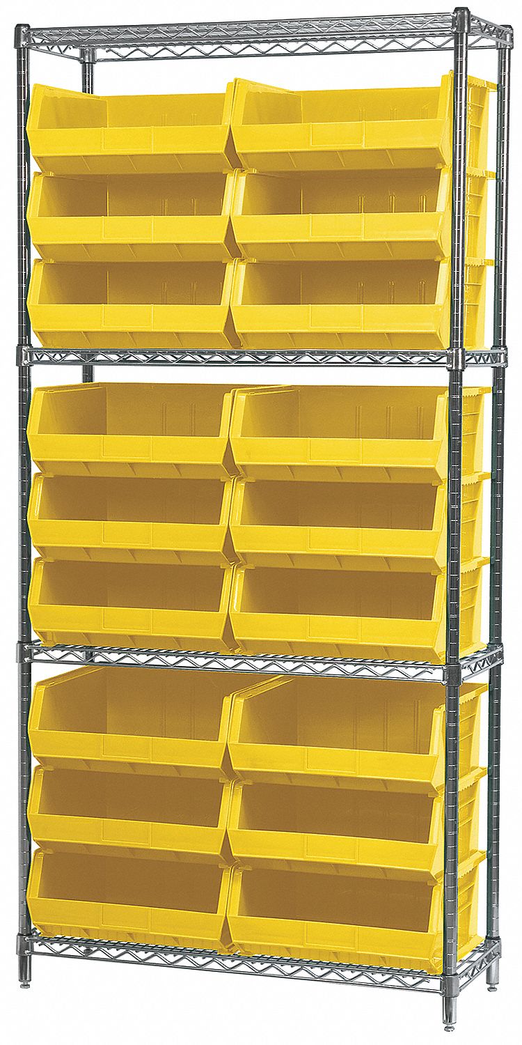 Bin Shelving: 36 in x 14 in x 74 in, 18 Bins, 4 Shelves, Open, Hang and Stack Bin, Yellow