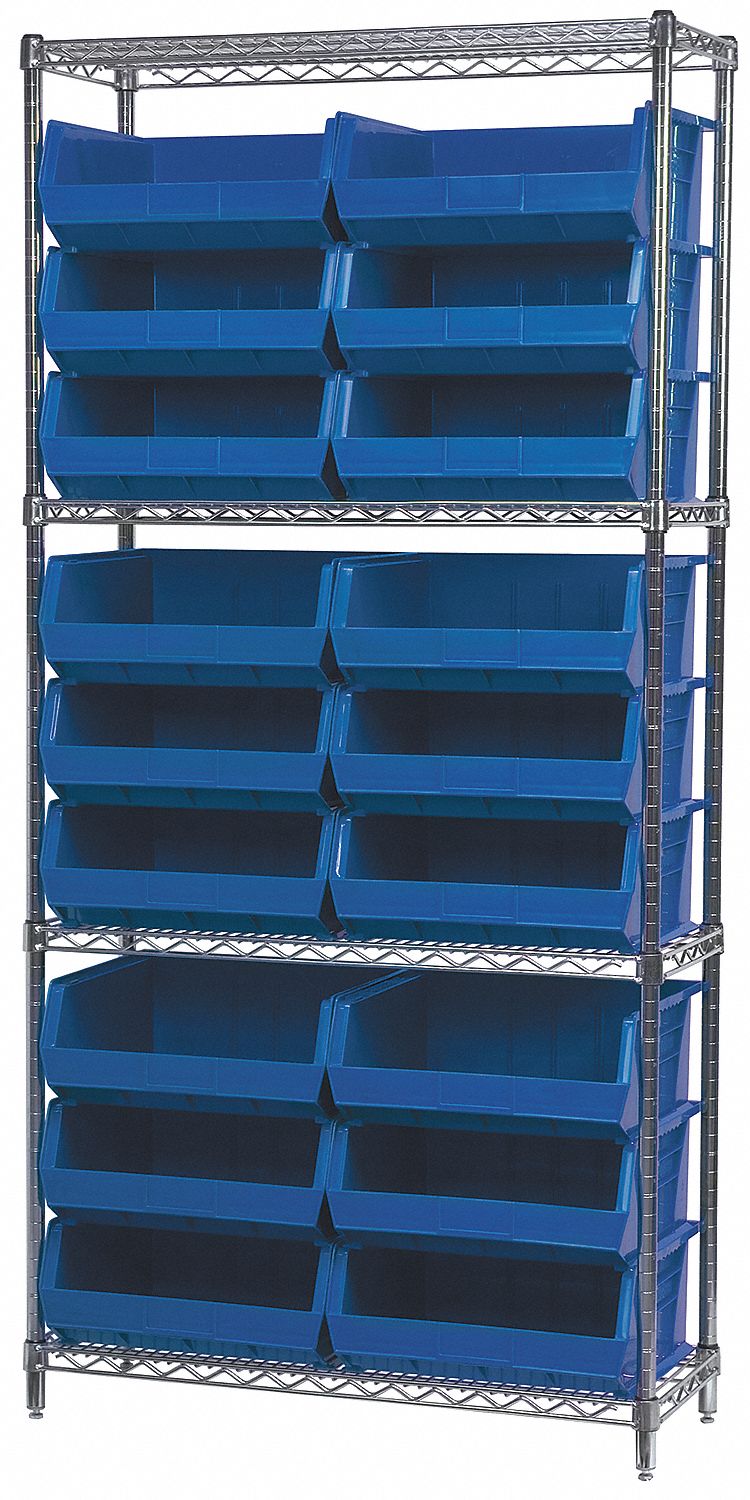 Bin Shelving: 36 in x 14 in x 74 in, 18 Bins, 4 Shelves, Open, Hang and Stack Bin, Blue