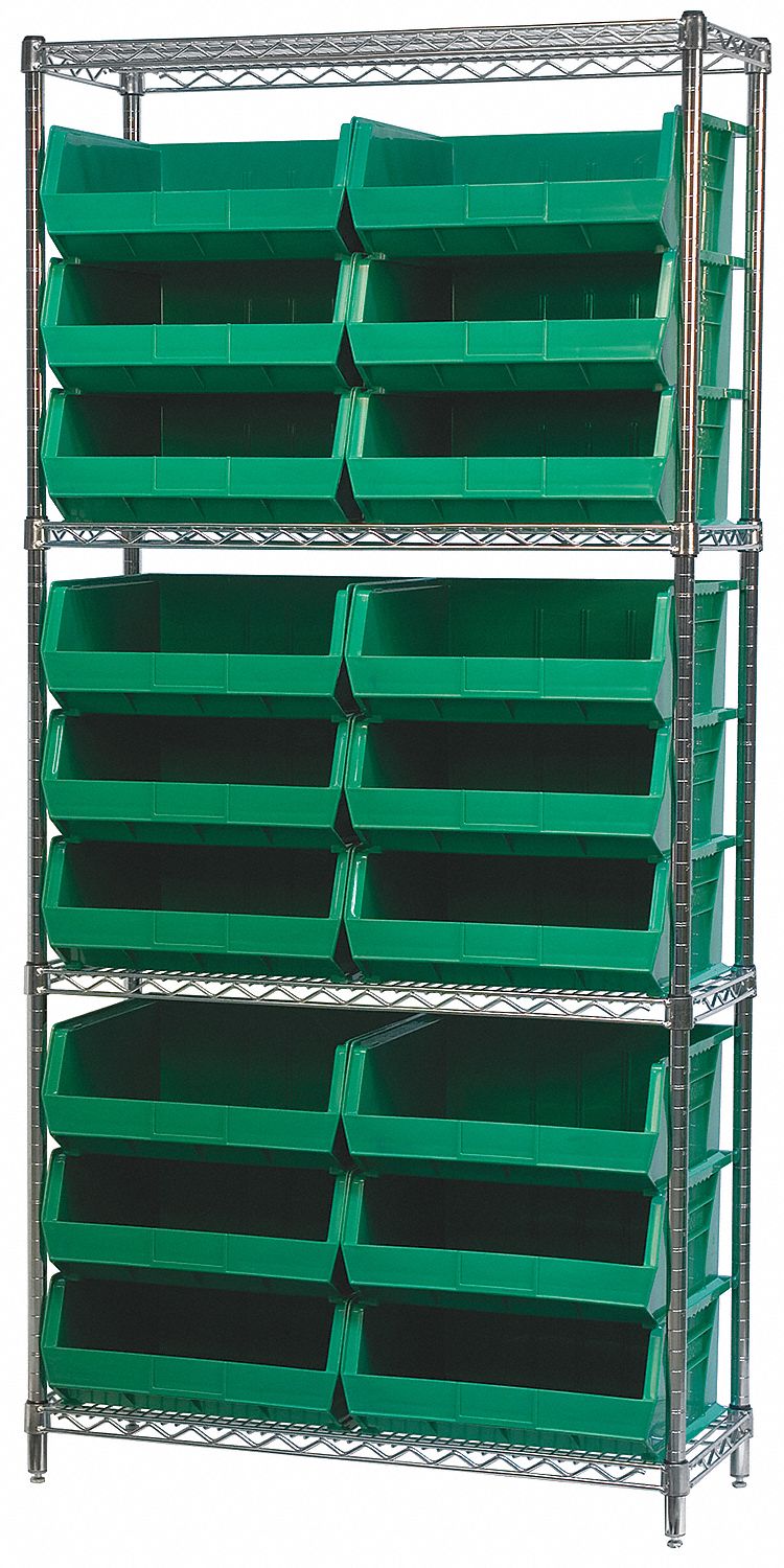 Bin Shelving: 36 in x 14 in x 74 in, 18 Bins, 4 Shelves, Open, Hang and Stack Bin, Gray