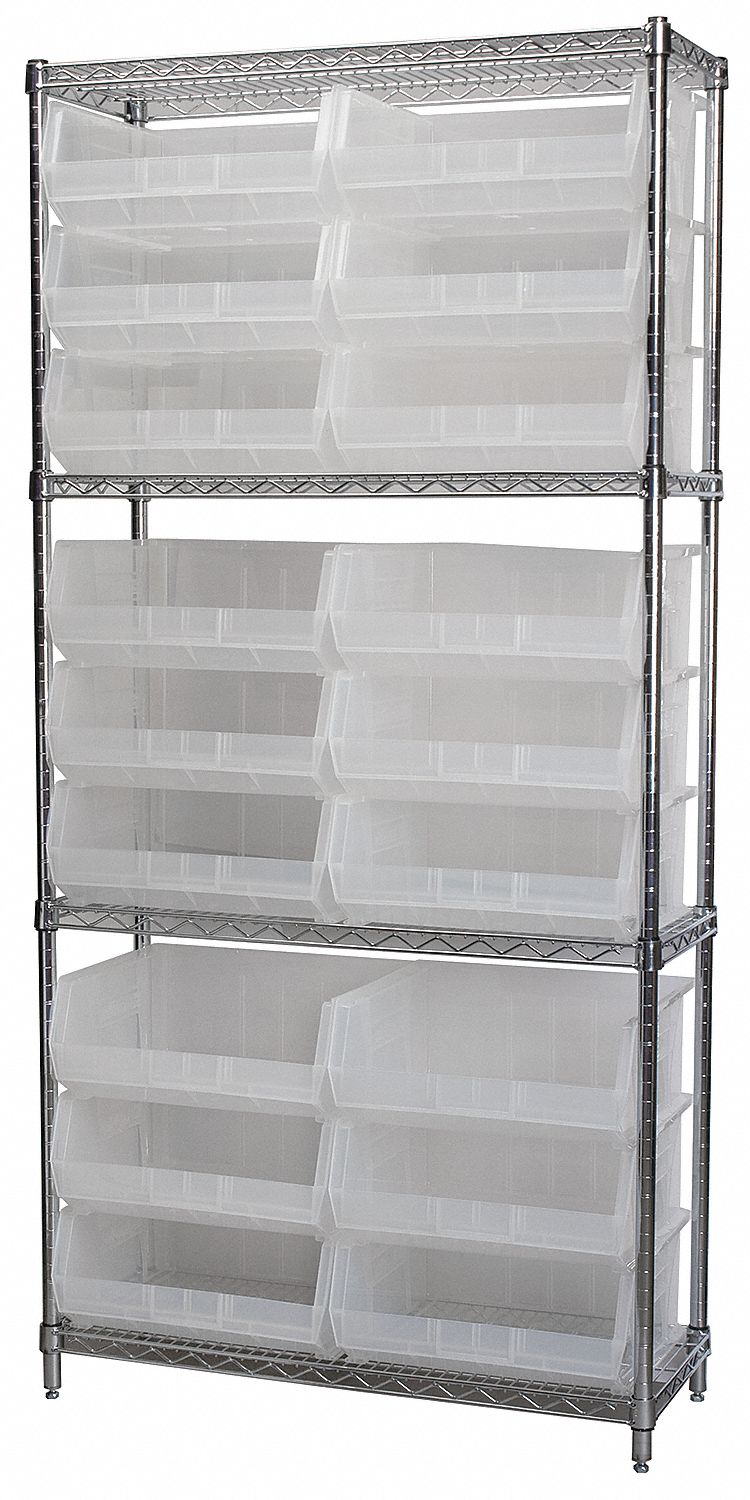 Bin Shelving: 36 in x 14 in x 74 in, 18 Bins, 4 Shelves, Open, Hang and Stack Bin, Clear