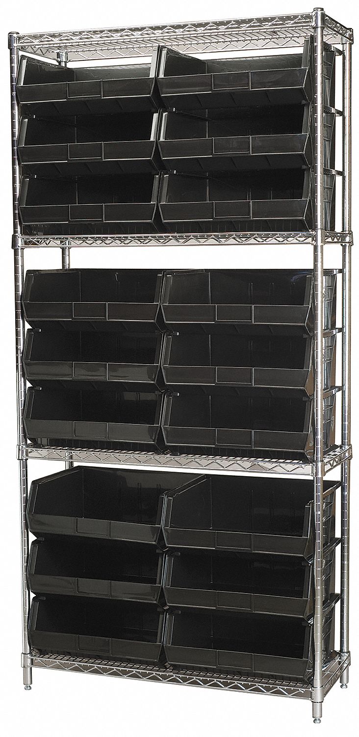 Bin Shelving: 36 in x 14 in x 74 in, 18 Bins, 4 Shelves, Open, Hang and Stack Bin, Black