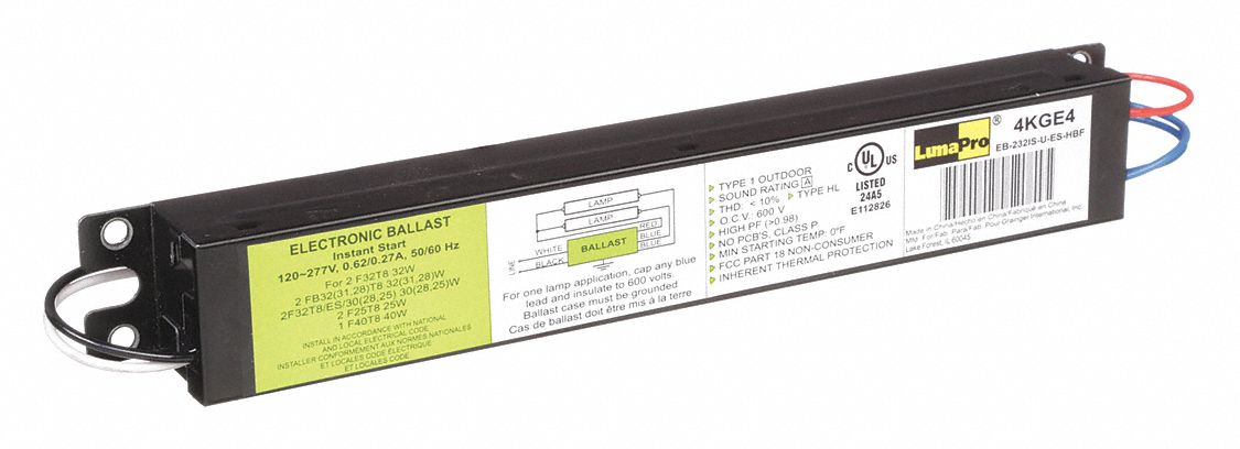 FLUORESCENT BALLAST, T8, 120 TO 277V AC, 2 BULBS SUPPORTED, 40 W BULB MAX, 0.62