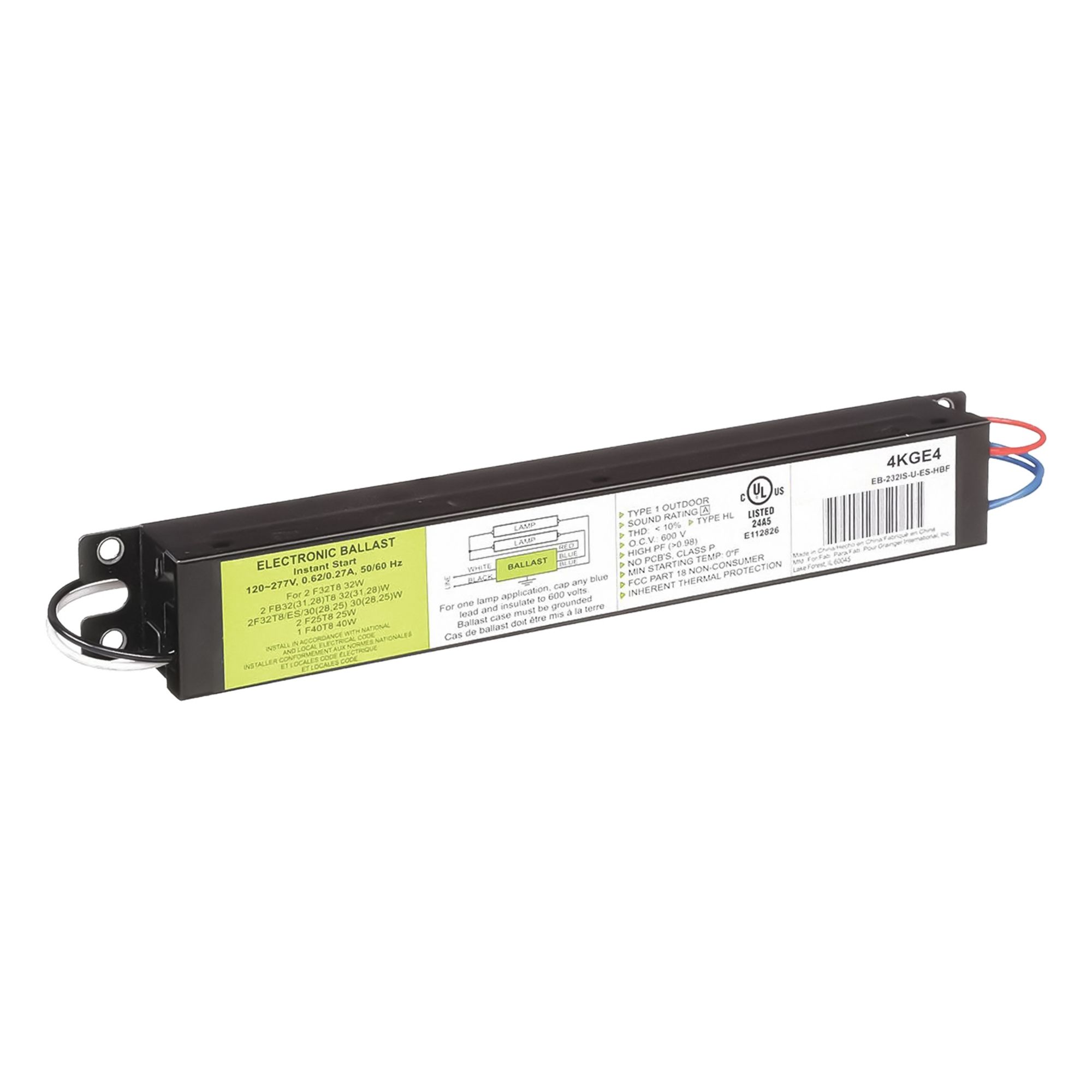 Fluorescent Ballast: 120 to 277V AC, 1/2 Lamps Supported, 9 1/2 in Overall Lg